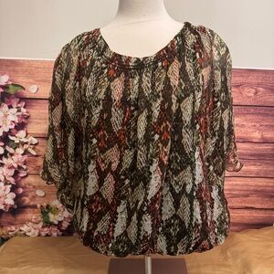Ellen Tracy Snake Print Blouse Women Large Sheer Flutter Sleeve Boho Top